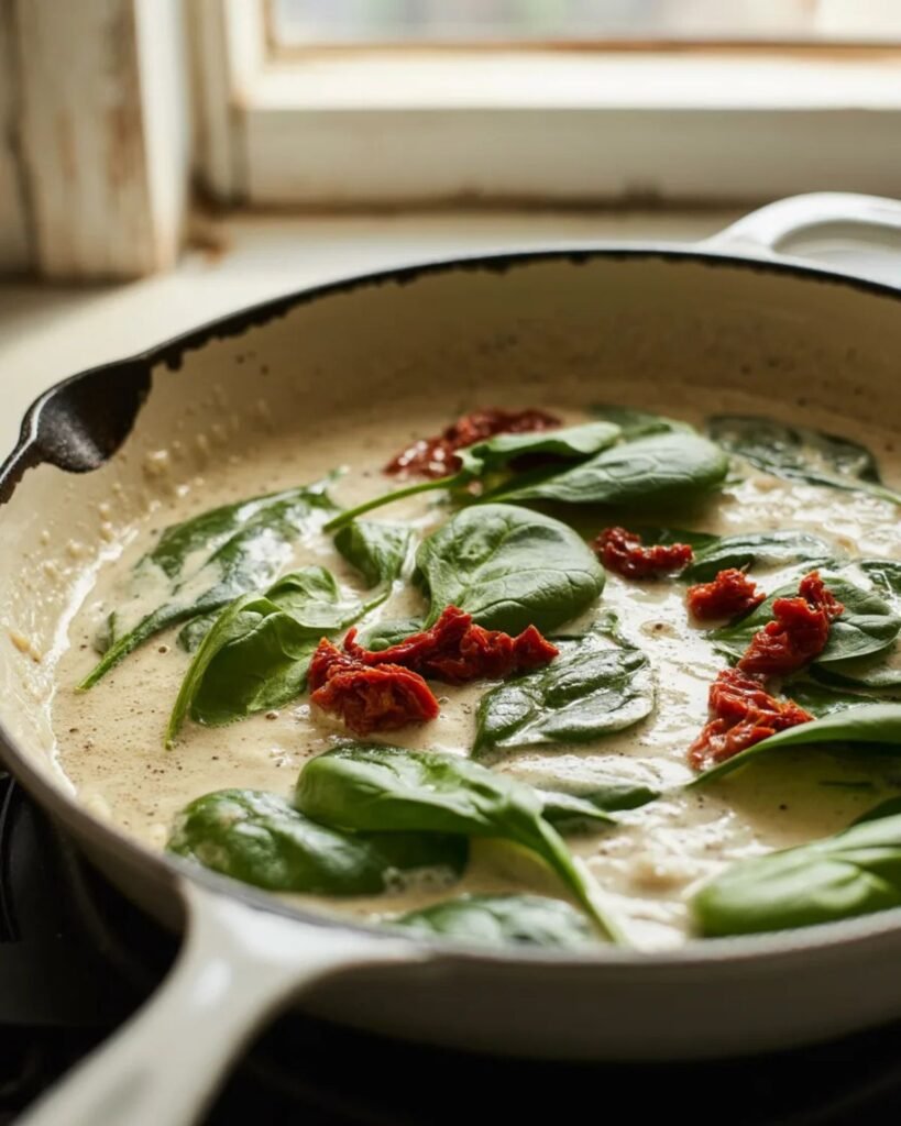 garlic parmesan cream sauce with spinach and sun dried tomatoes