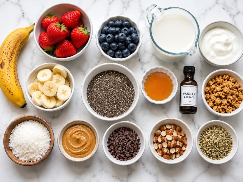 Ingredients for chia pudding with seeds, milk, yogurt, honey, fruit, and toppings