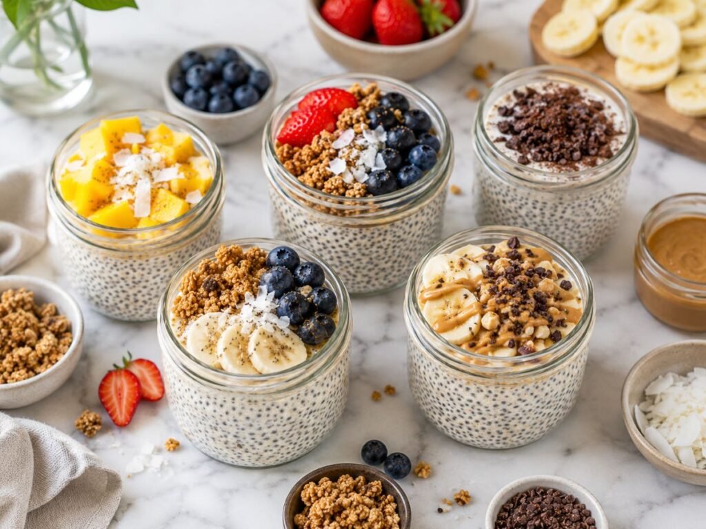Prepared breakfast jars with fruit, granola, coconut, and nut butter toppings