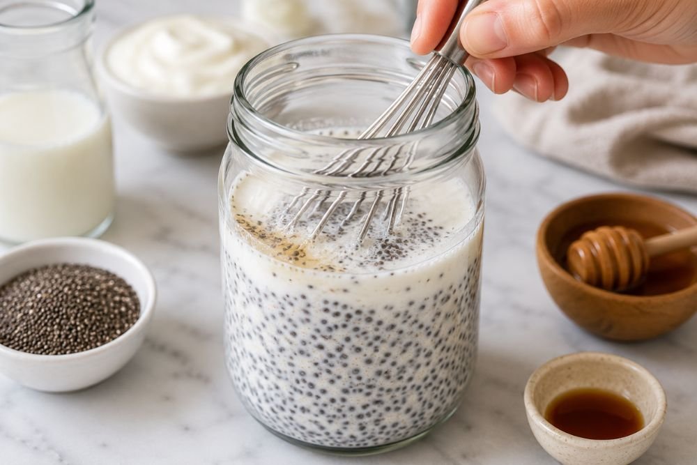 Chia seeds, milk, yogurt, honey, and vanilla being whisked in a glass jar