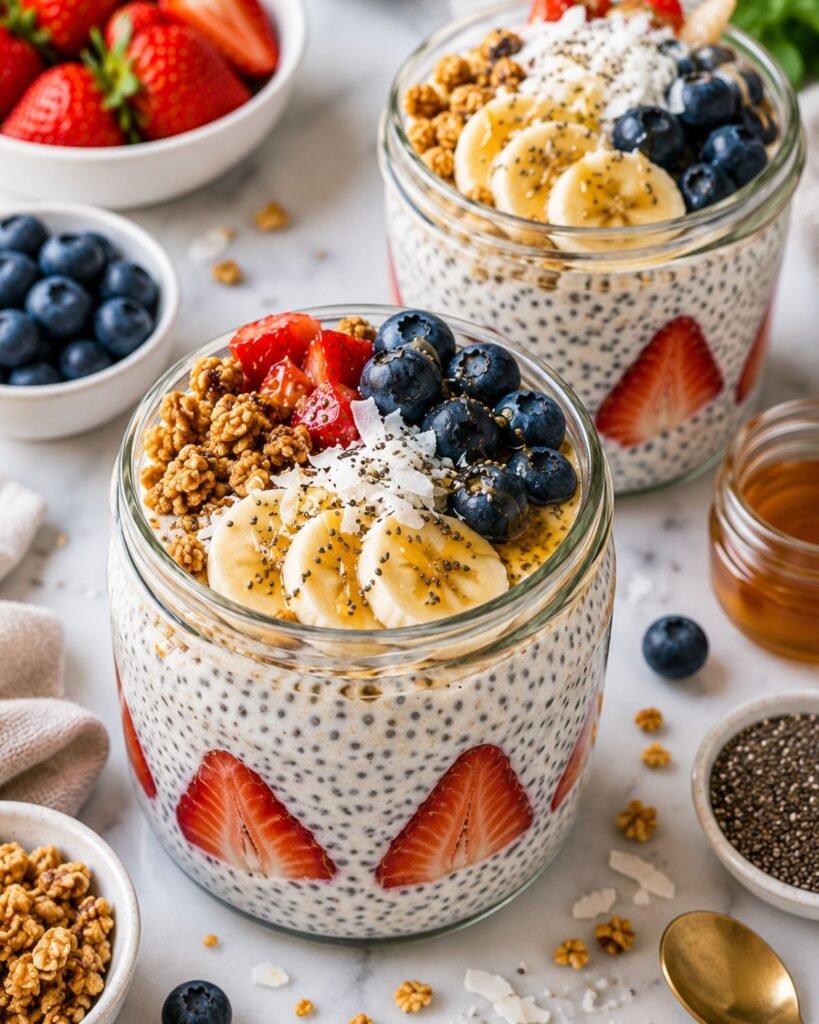 Chia pudding recipe topped with fresh berries, banana, granola, and coconut flakes