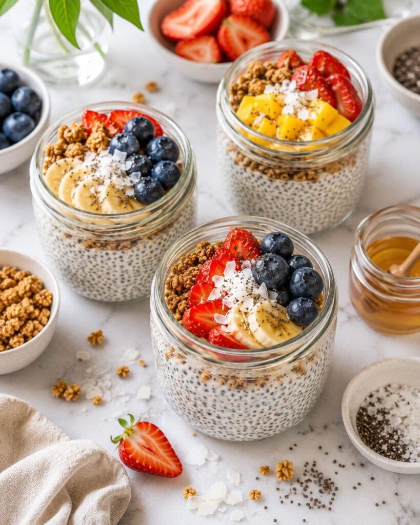Creamy breakfast jars with berries, banana, granola, coconut, and honey