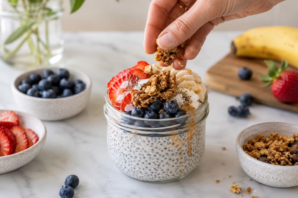 Fresh berries, banana slices, granola, and coconut added to a creamy breakfast jar