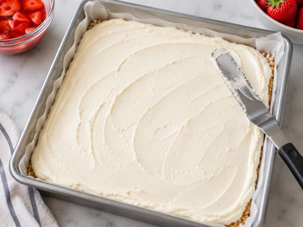 Creamy cheesecake filling spread over graham cracker crust in a square pan