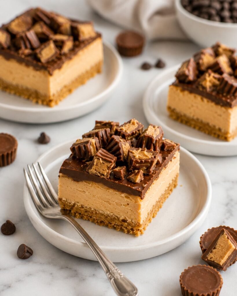 Easy peanut butter cup bars served with chocolate topping and chopped peanut butter cups