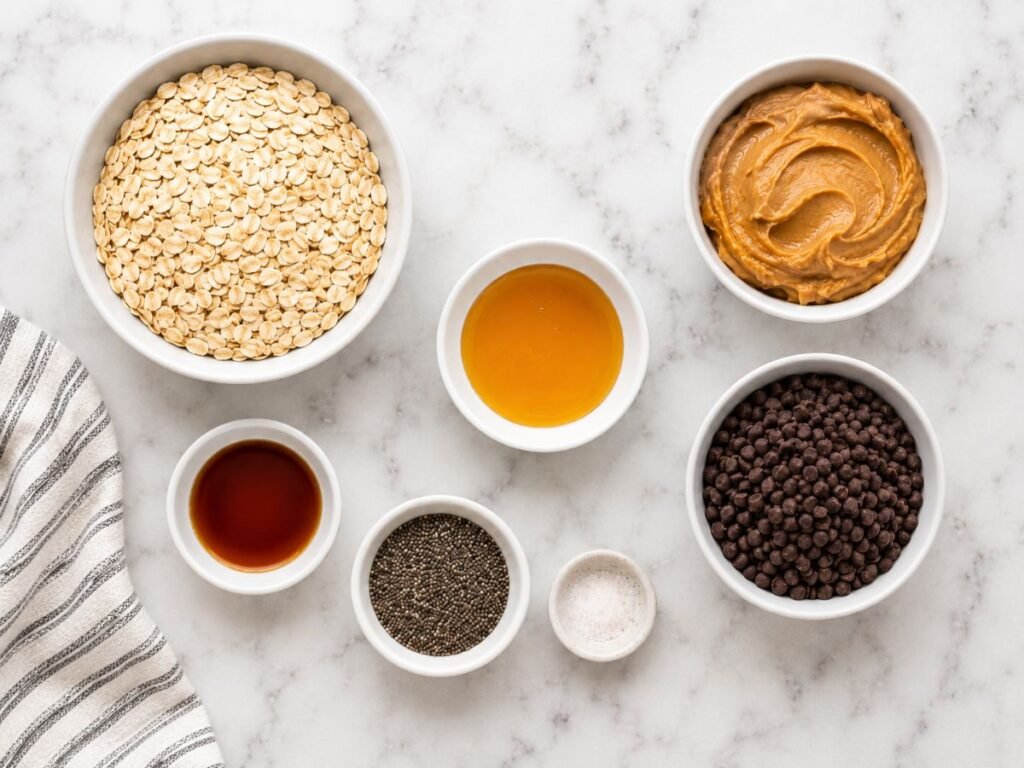 Ingredients for oat peanut butter energy balls on a kitchen counter