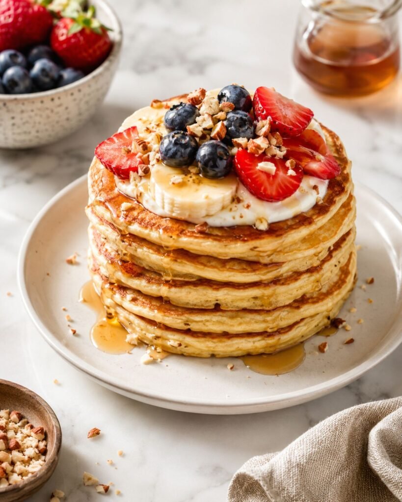 Fluffy protein pancakes topped with Greek yogurt, berries, banana, and maple syrup