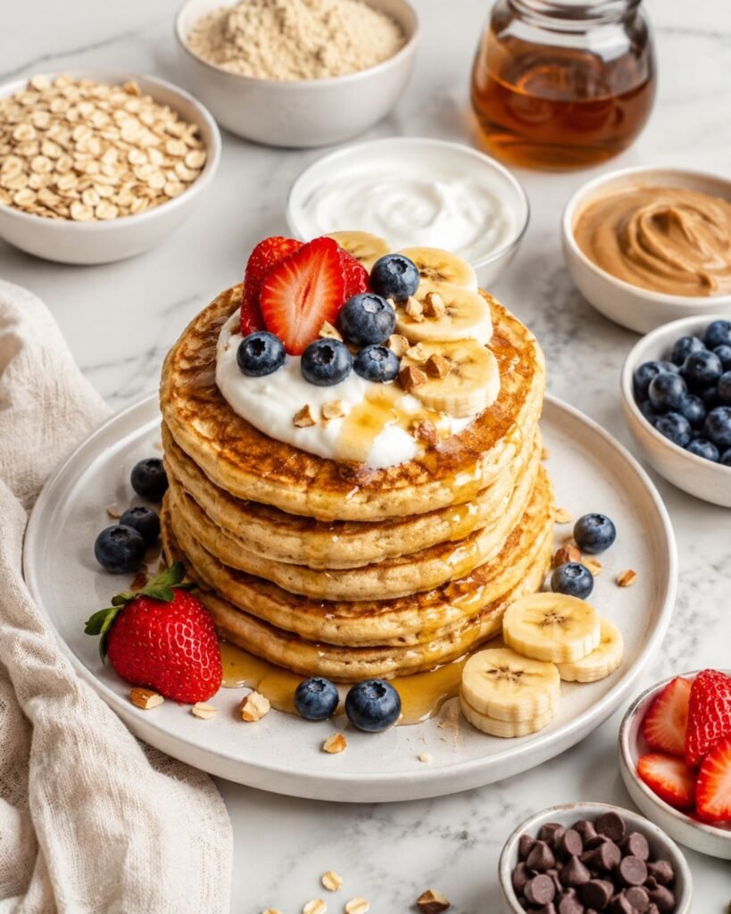 Golden breakfast pancakes with berries, banana, yogurt, syrup, and nuts