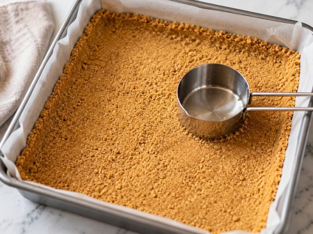 Graham cracker crust pressed into a square pan for strawberry cheesecake bars