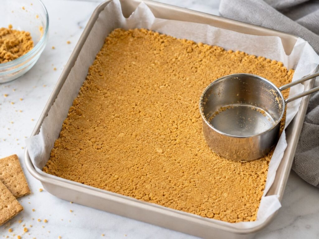 Graham cracker crust pressed into a parchment lined square pan