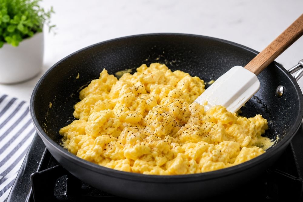 Fluffy scrambled eggs cooking in a skillet.