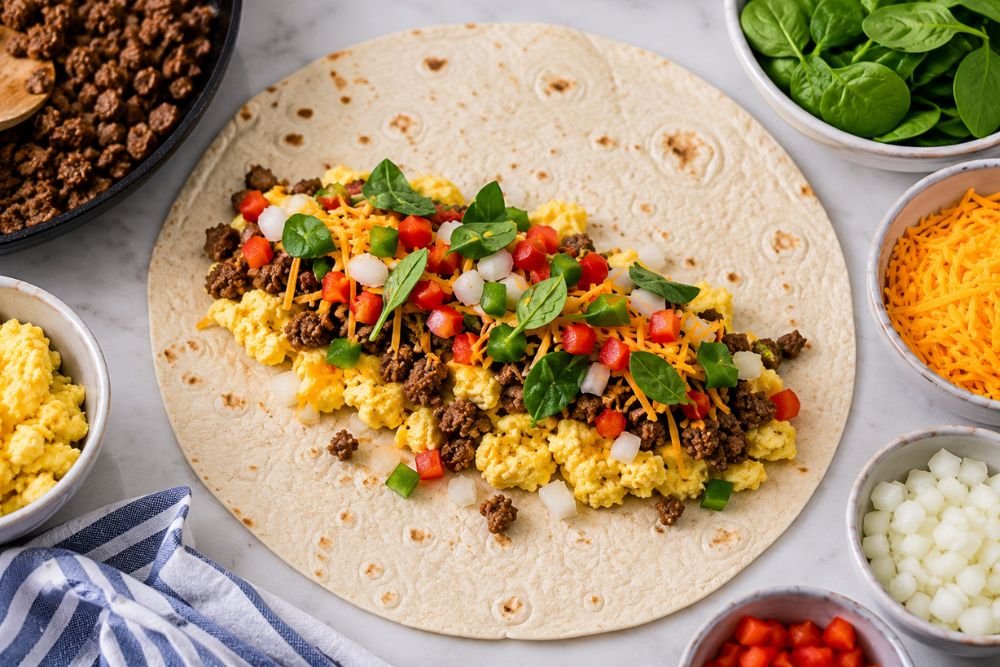 Tortilla being filled with eggs, sausage, vegetables, and shredded cheese.