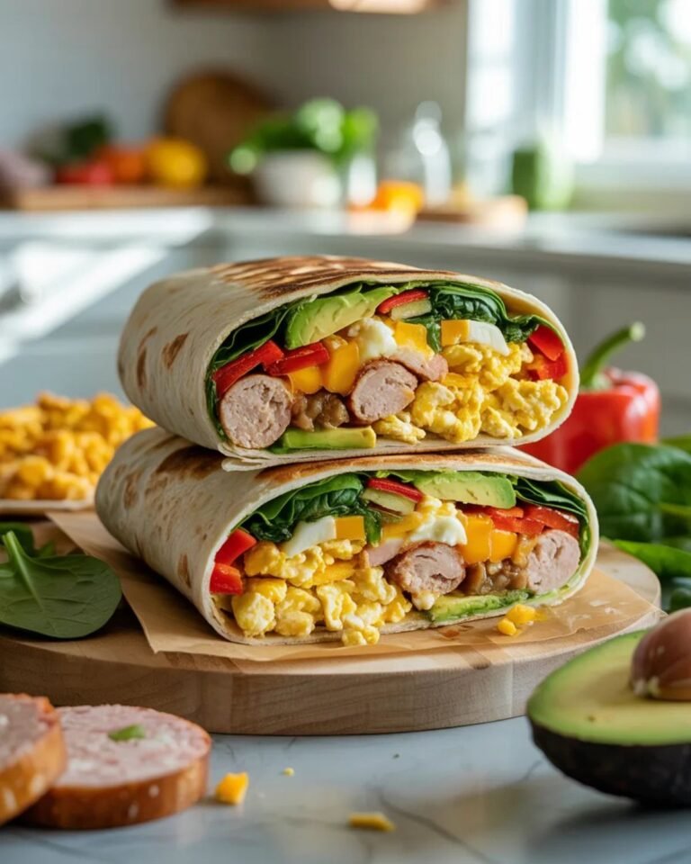 Healthy breakfast burrito filled with eggs, turkey sausage, cheese, spinach, and bell peppers.