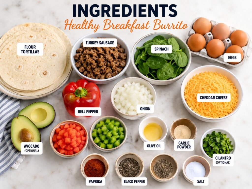 Ingredients arranged on a countertop including tortillas, eggs, sausage, cheese, spinach, peppers, and onion