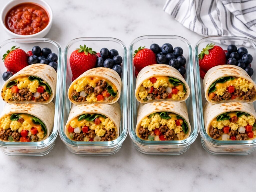 Breakfast burritos stored in meal prep containers with fresh fruit.