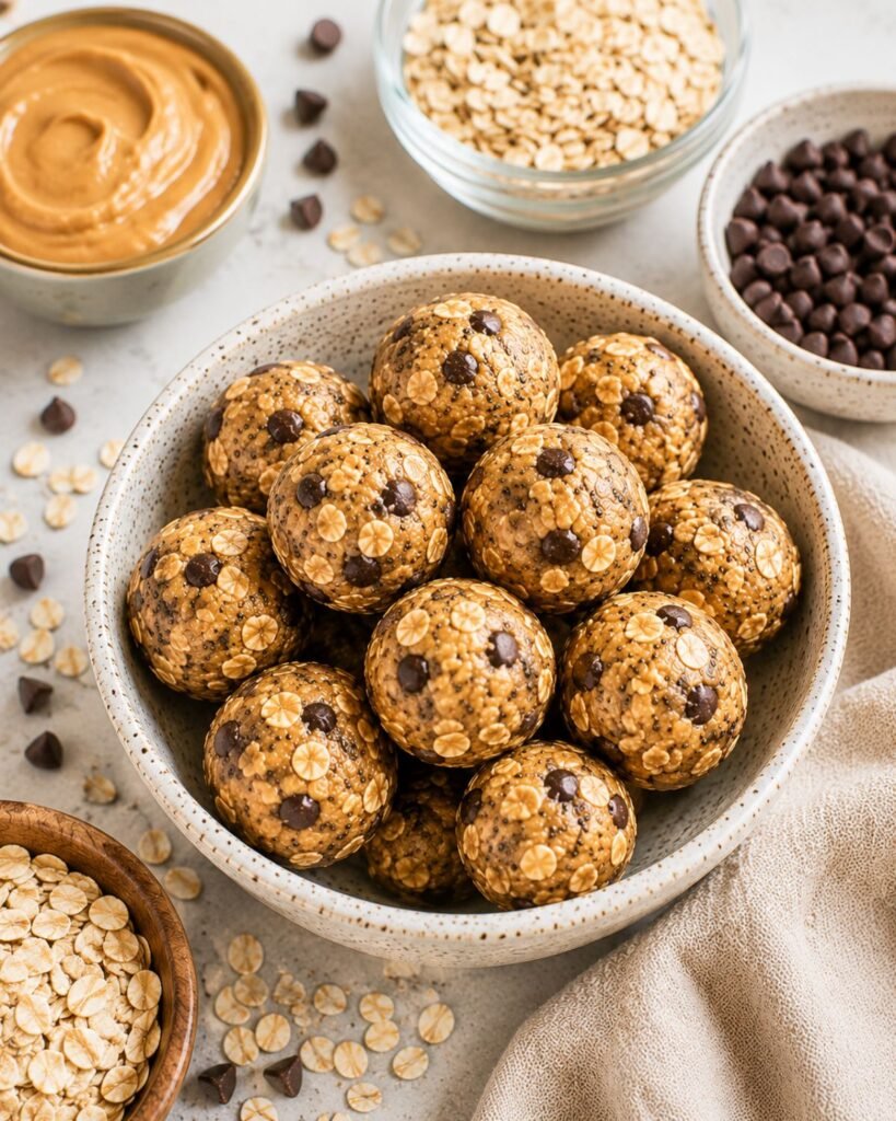 Healthy peanut butter oat energy balls stacked for a snack recipe
