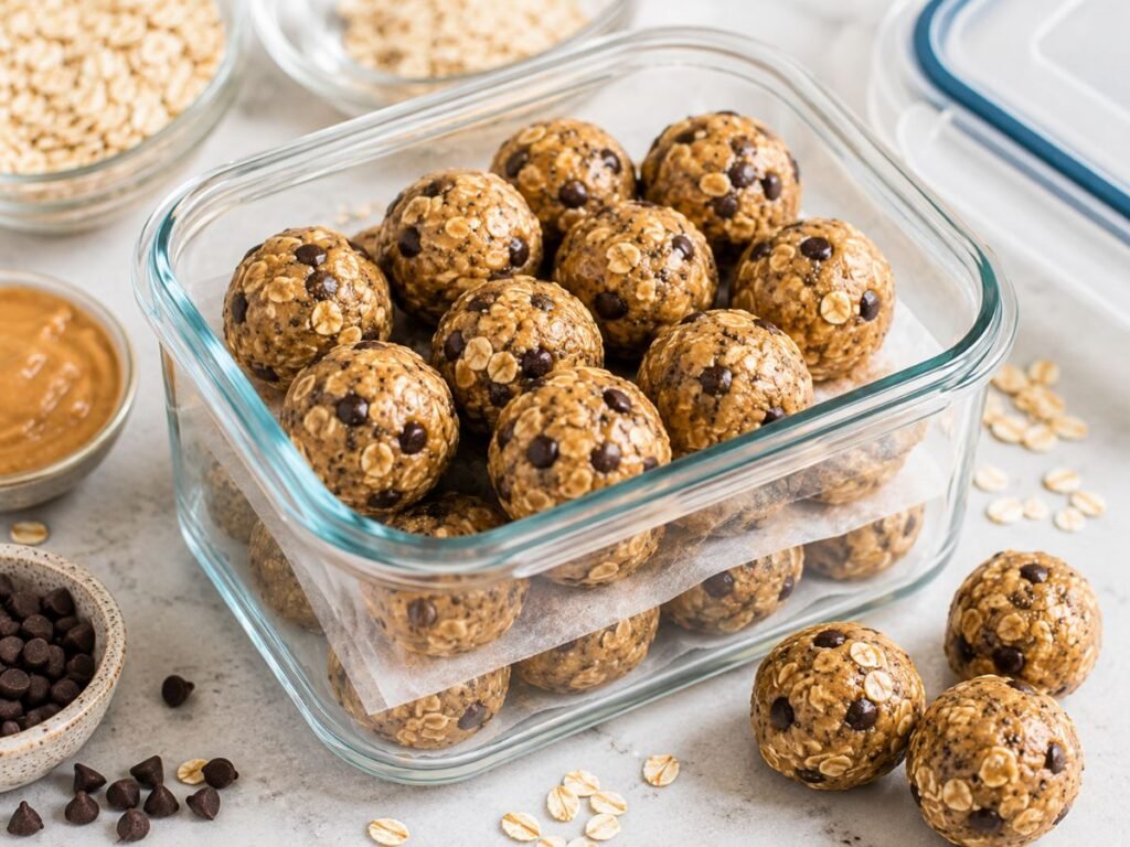 Homemade energy balls stored in a glass meal prep container