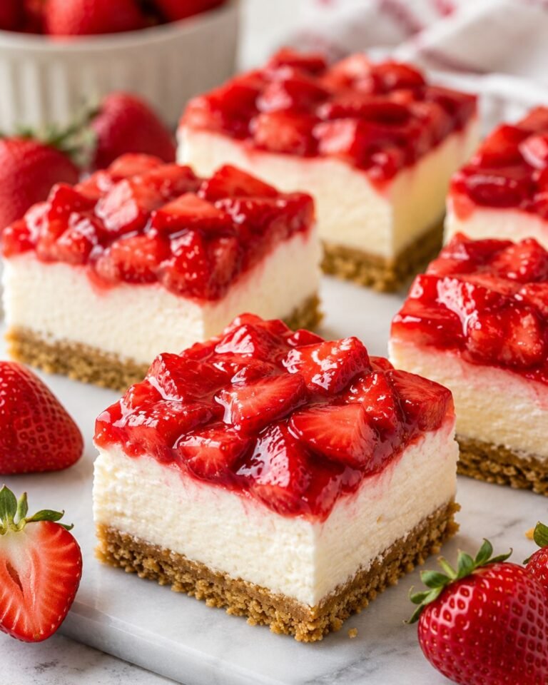 No-bake strawberry cheesecake bars with creamy filling and fresh strawberry topping