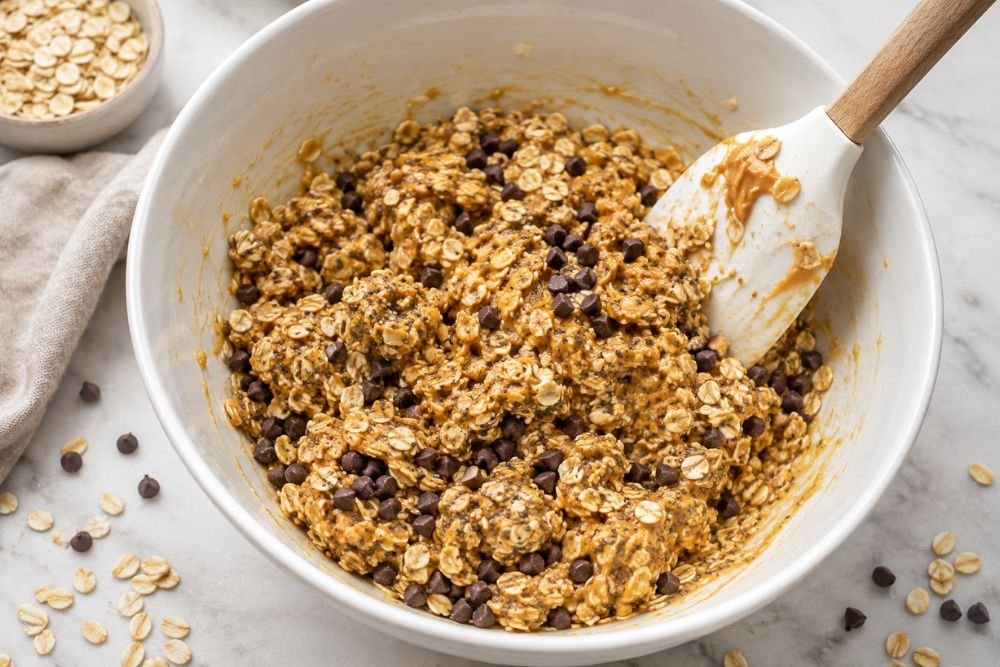 Oats, peanut butter, honey, chia seeds, and chocolate chips mixed in a bowl