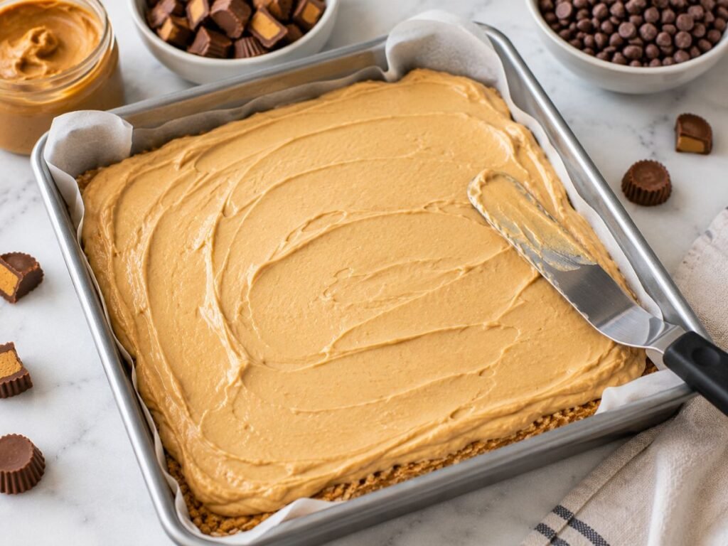 Creamy peanut butter filling spread over a golden crumb crust
