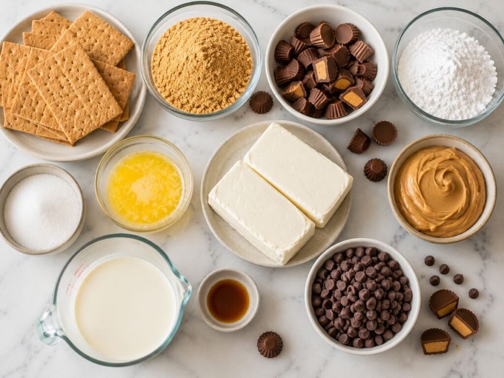 Cream cheese peanut butter chocolate chips graham crackers and candy cups on a marble counter