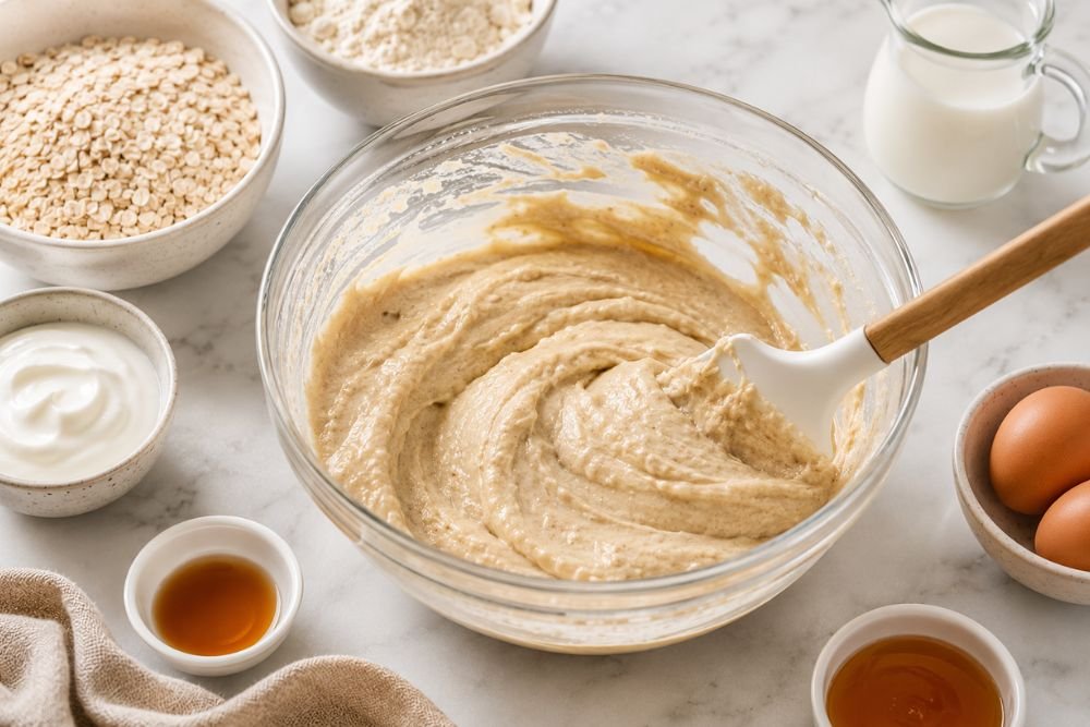 Thick pancake batter mixed in a bowl with oats, yogurt, eggs, and protein powder