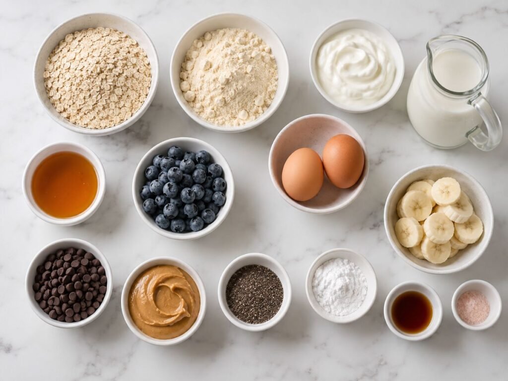 Ingredients for protein pancakes with oats, protein powder, eggs, yogurt, milk, and toppings