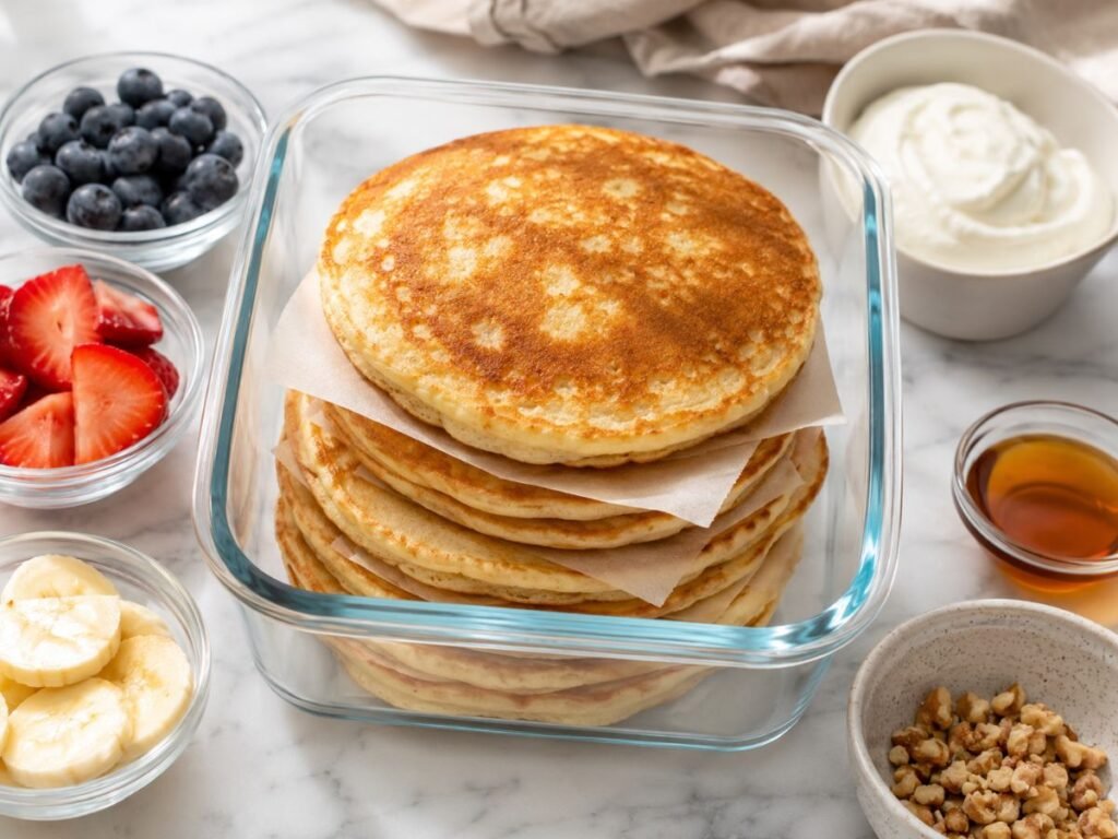 Cooked pancakes stored in a glass container with berries and toppings for meal prep