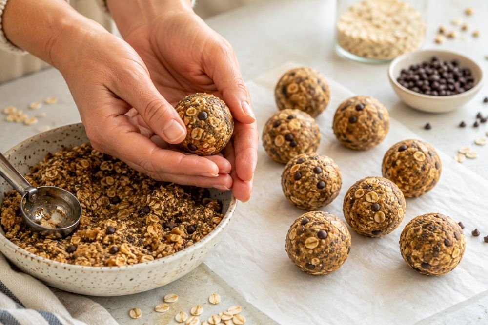 Hands rolling no-bake oat energy balls on parchment paper