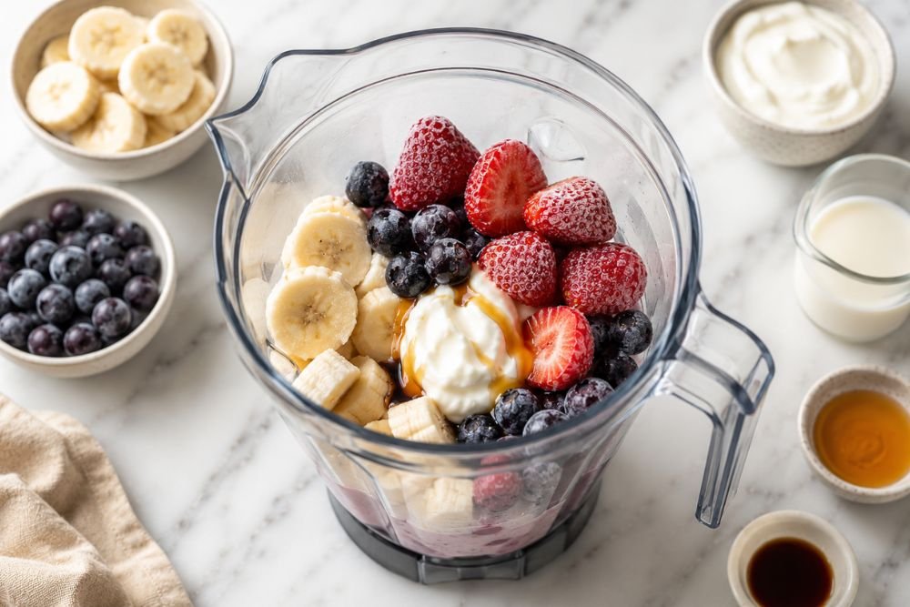 Frozen fruit, yogurt, honey, and milk added to a blender