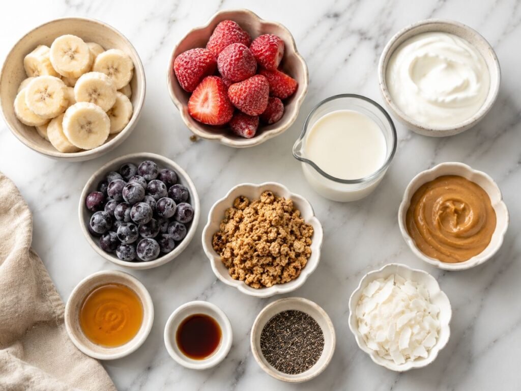 Frozen bananas, berries, yogurt, milk, honey, seeds, and toppings arranged on marble