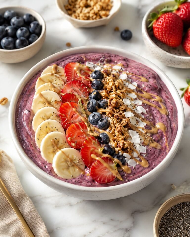Smoothie bowl recipe topped with fresh fruit, granola, chia seeds, and coconut flakes