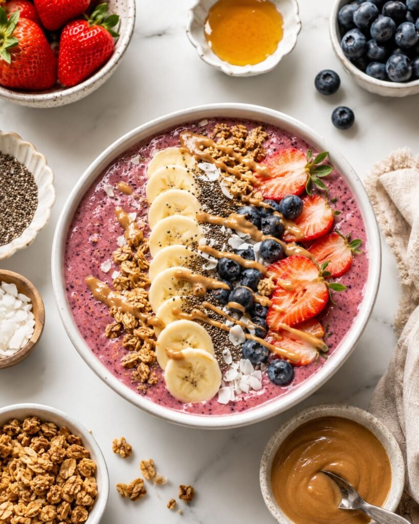 Creamy berry smoothie bowl with fresh fruit and crunchy toppings