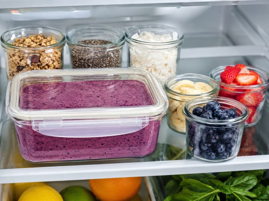 Smoothie bowl mixture and toppings stored in glass containers