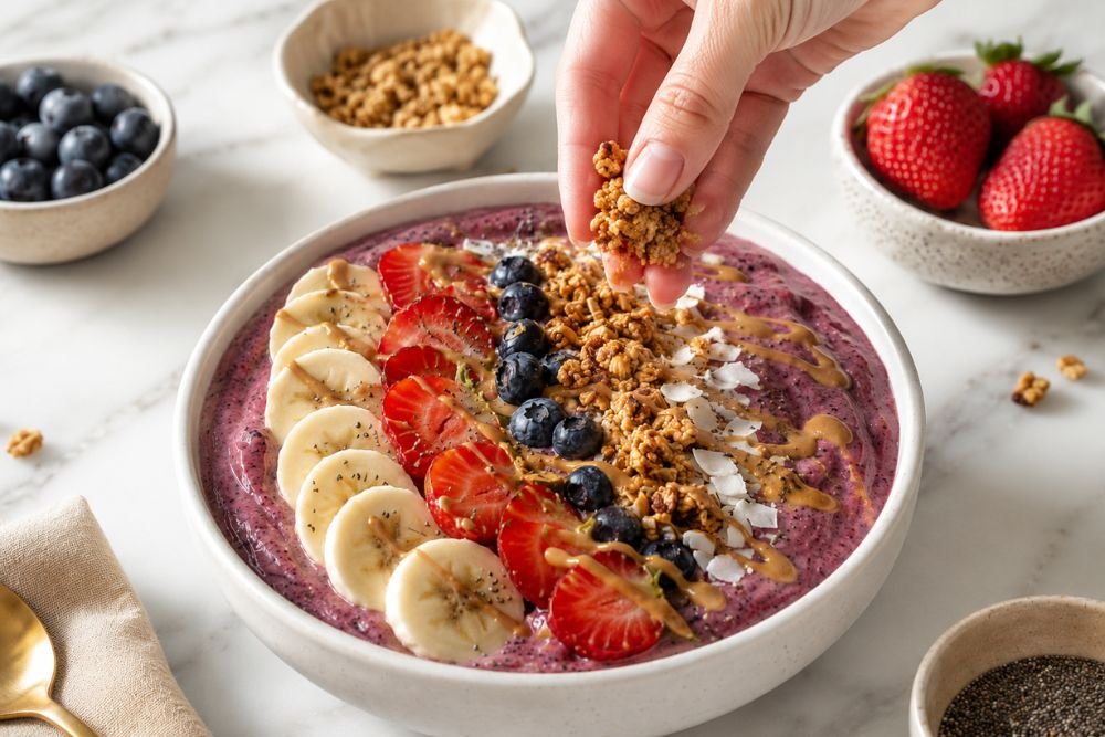 Fresh fruit, granola, and seeds arranged on a berry smoothie bowl