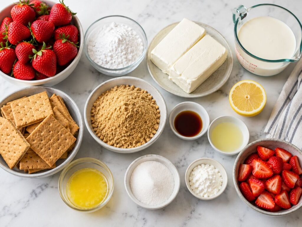 Ingredients for no-bake strawberry cheesecake bars with cream cheese strawberries and graham crackers