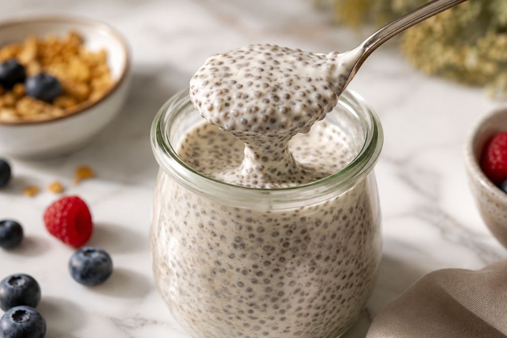 Thick creamy chia mixture lifted with a spoon from a glass jar