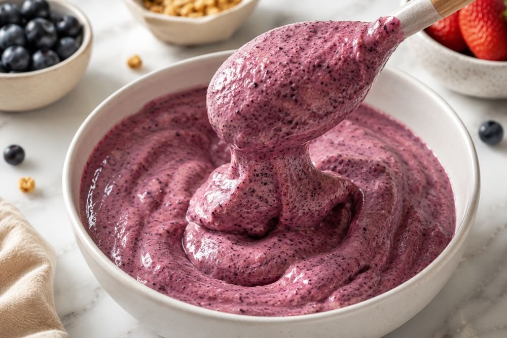 Thick blended berry smoothie mixture with a creamy spoonable texture