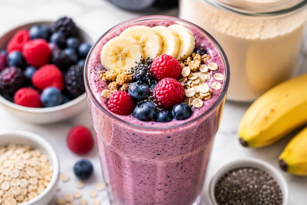 Creamy berry smoothie topped with banana slices, fresh berries, oats, and chia seeds.