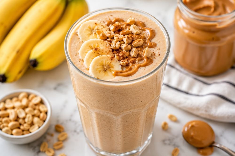 Creamy smoothie topped with banana slices, peanut butter drizzle, and crushed peanuts.