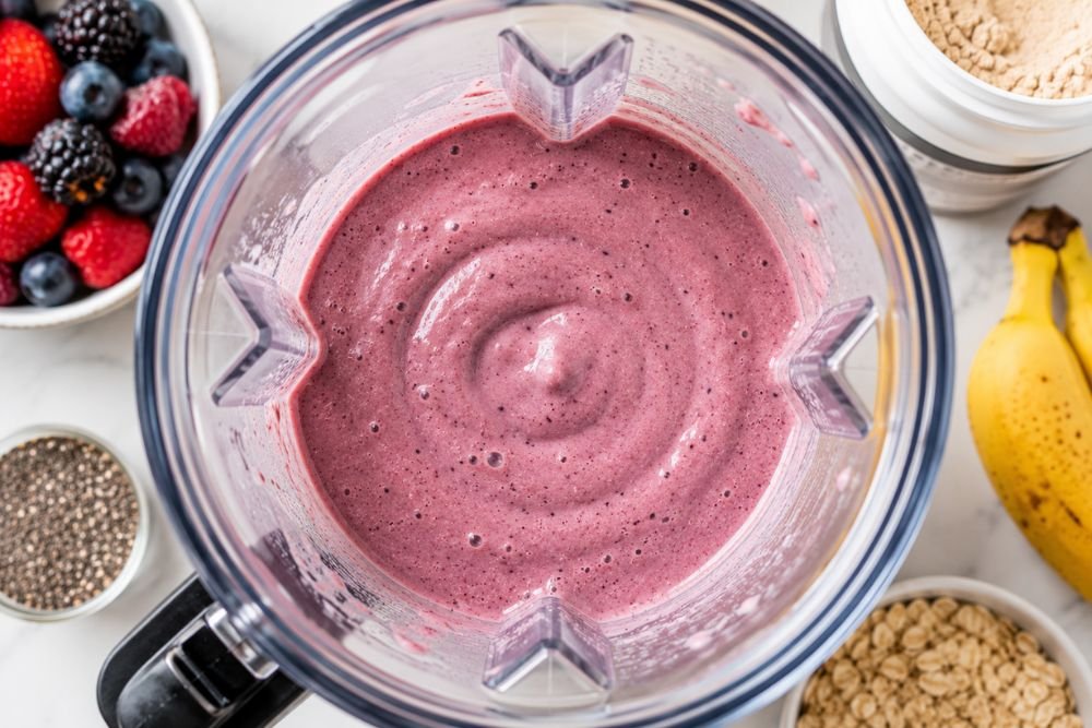 Creamy berry mixture blending inside a blender jar.
