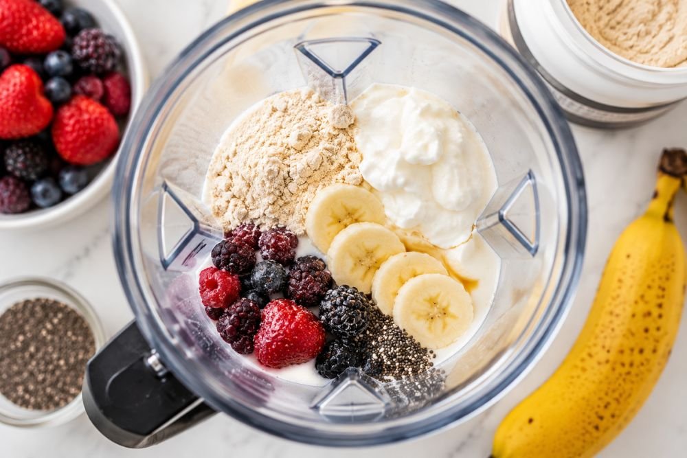 Fresh ingredients added to a blender before mixing.