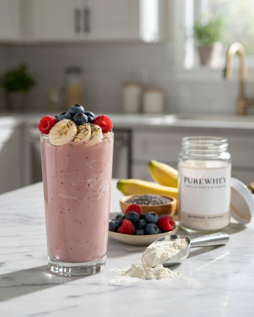 High protein smoothie topped with berries, banana slices, oats, and chia seeds in a tall glass.