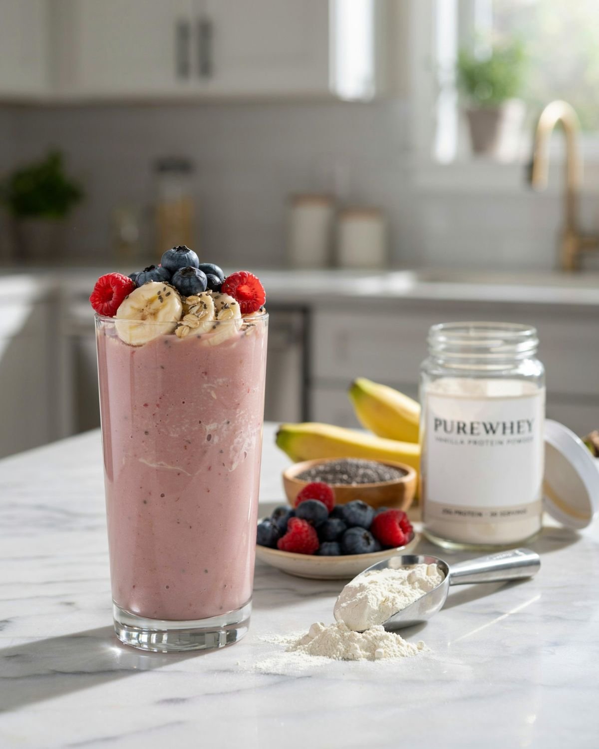 High protein smoothie topped with berries, banana slices, oats, and chia seeds in a tall glass.