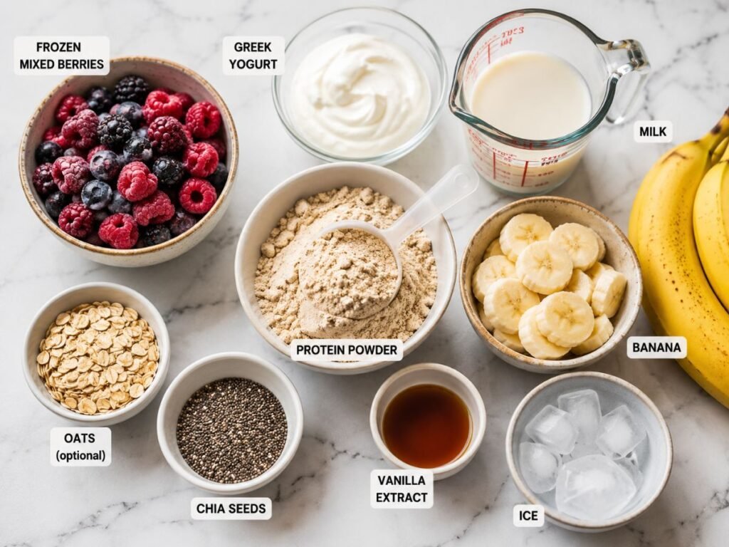 Berries, banana, Greek yogurt, protein powder, milk, oats, and chia seeds arranged on a countertop.
