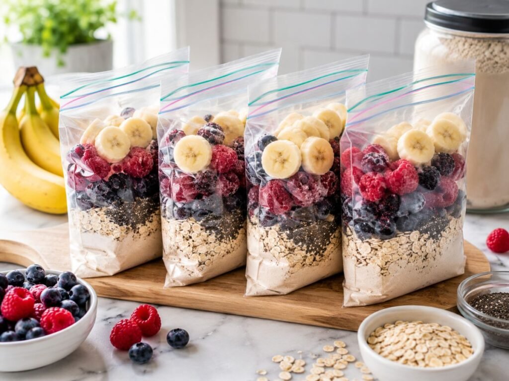 Frozen smoothie ingredient packs with berries, banana slices, oats, chia seeds, and protein powder ready for meal prep.