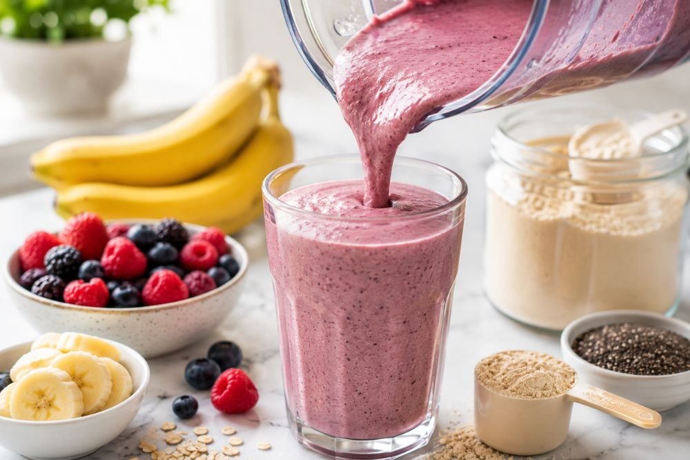 Creamy berry protein smoothie being poured from a blender into a tall glass.