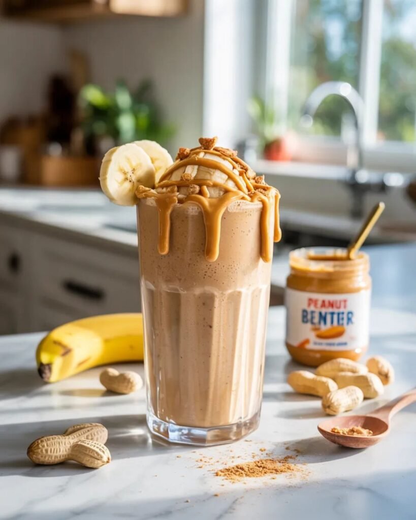 Creamy peanut butter smoothie topped with banana slices, peanut butter drizzle, and crushed peanuts for a high protein breakfast.