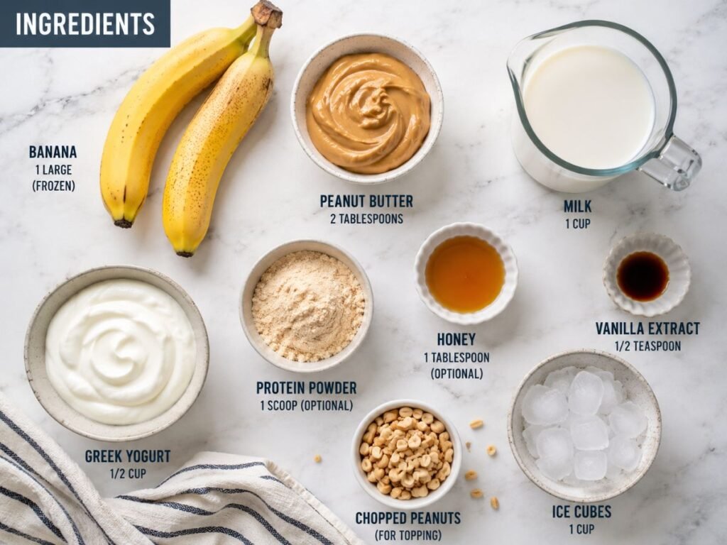 Ingredients for a creamy smoothie including banana, peanut butter, milk, Greek yogurt, protein powder, honey, and ice.