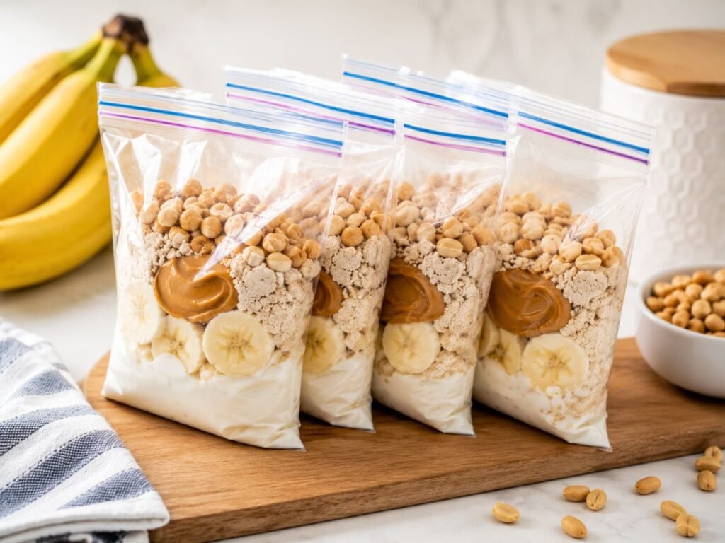 Frozen smoothie ingredient packs with banana slices, oats, peanut butter, and protein powder ready for meal prep.